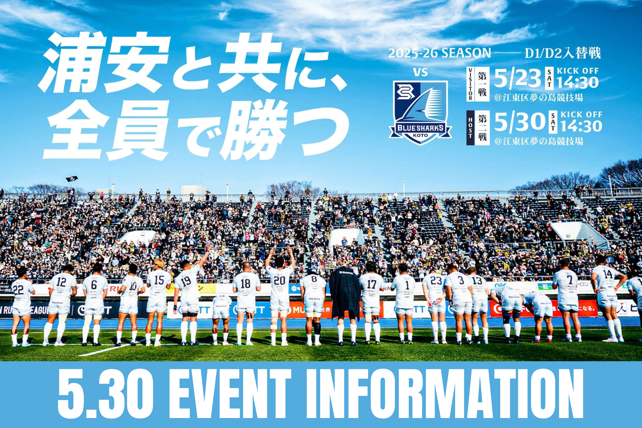5月30日(土) D1/D2入替戦 第2戦 清水建設江東ブルーシャークス ホストゲーム情報